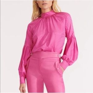 Veronica Beard Silk Pink Cicely Blouse Balloon Sleeve Mock Neck Houndstooth
